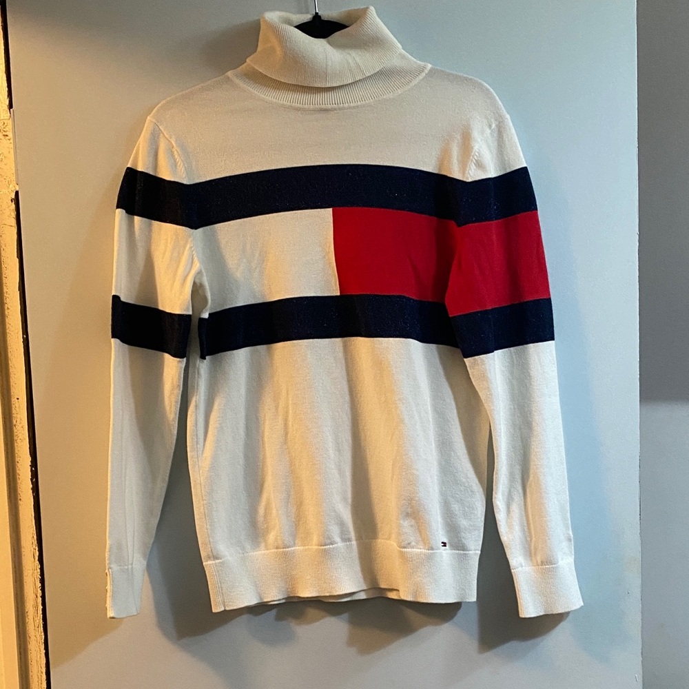 Tommy Hilfiger white Turtleneck Sweater with Red and Blue Stripes